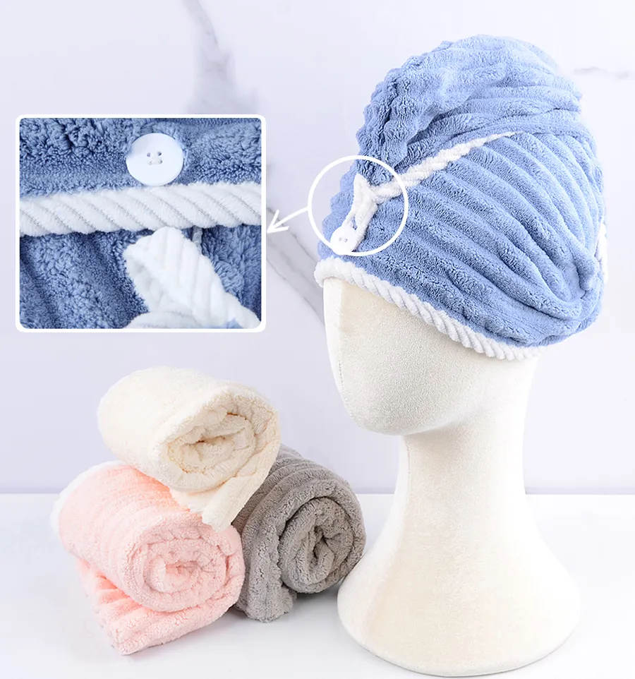 Coral Fleece Striped Hair Drying Cap