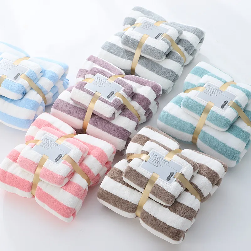 Coral Fleece Stripe Bath Towels Set